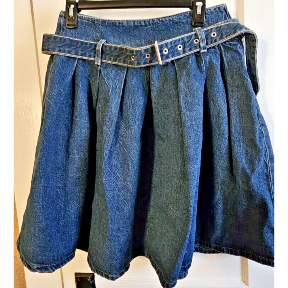 ZARA denim skirt pleated with belt Size XS BLUE side zipper